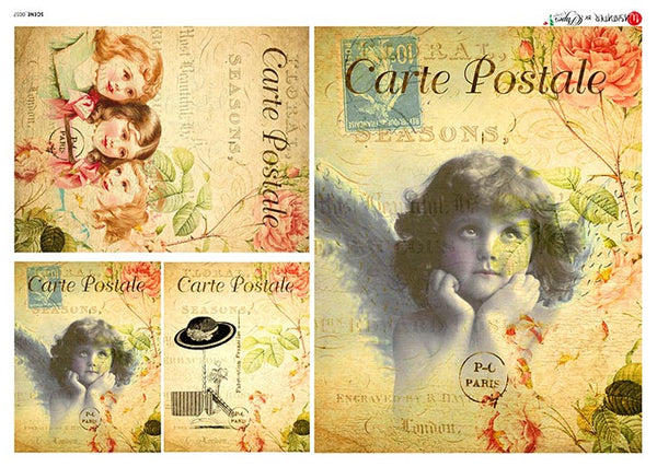 A collage of vintage-style postcard designs with floral illustrations, sepia backgrounds, and illustrated portraits of children. The postcards feature decorative text reading 'Carte Postale' and 'Seasons' with a circular stamp motif.