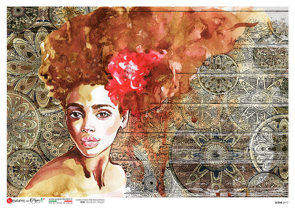 A square art print featuring a stylized portrait of a woman with voluminous brown hair and a bright red flower, set against an ornate beige and brown patterned background.