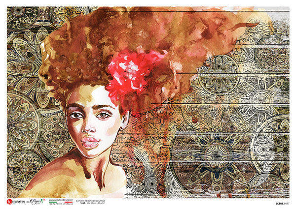 A square art print featuring a stylized portrait of a woman with voluminous brown hair and a bright red flower, set against an ornate beige and brown patterned background.