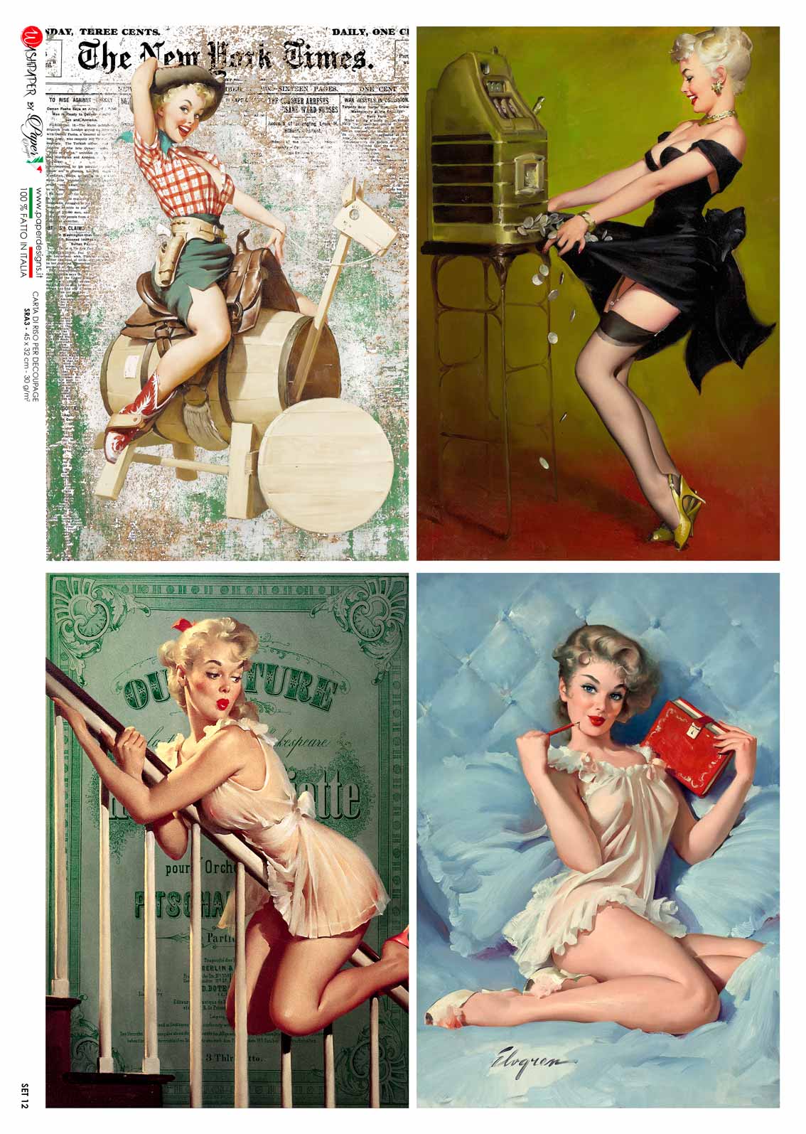 Paper Designs PINUP 2 Four Pack  A4 Decoupage Rice Paper #SET 12