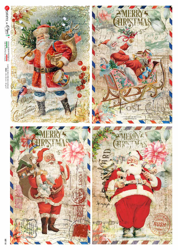 Paper Designs VINTAGE SANTA Greetings 1 Four Pack  A4 Decoupage Rice Paper #SET 15