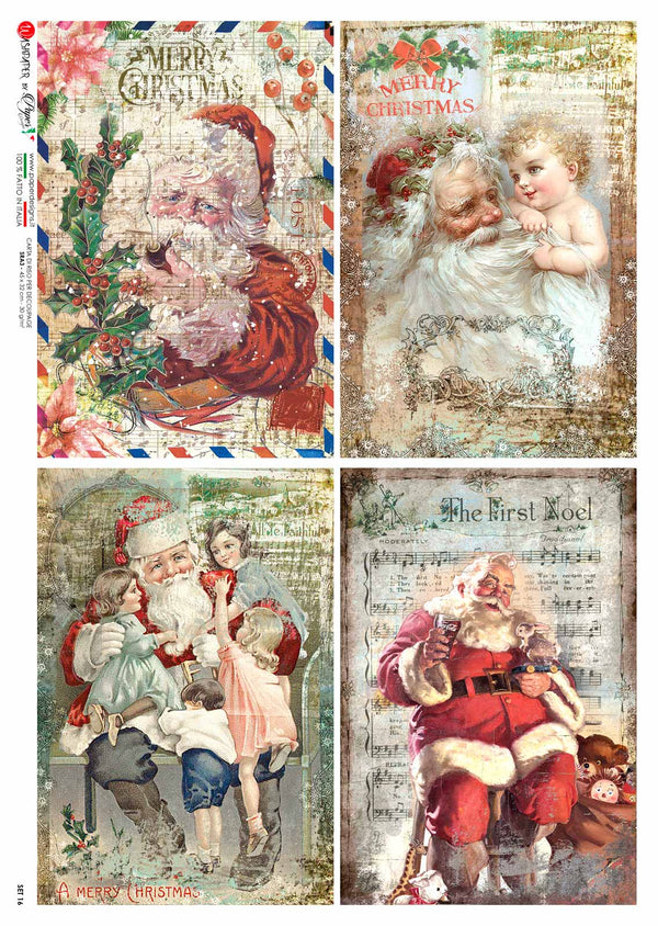 Paper Designs VINTAGE SANTA Greetings 2 Four Pack  A4 Decoupage Rice Paper #SET 16