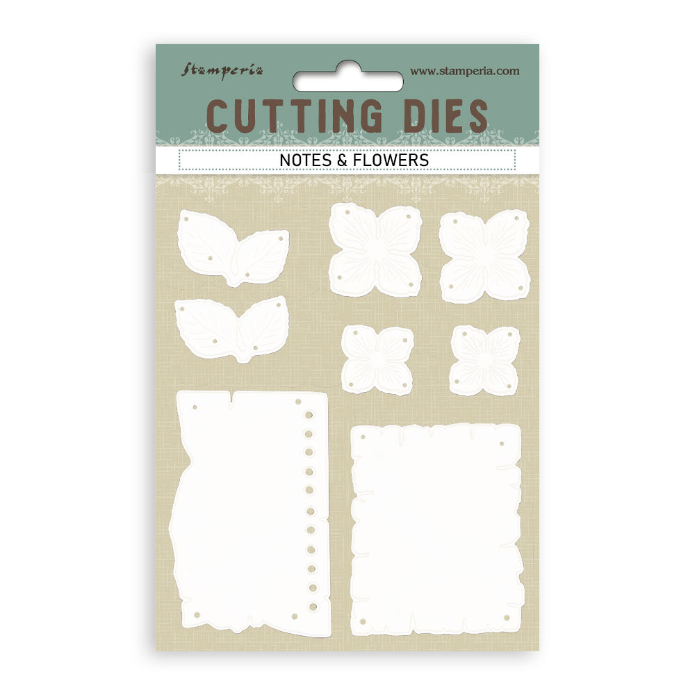 Packaging of Stamperia cutting dies with butterfly and flower shapes on a beige background.