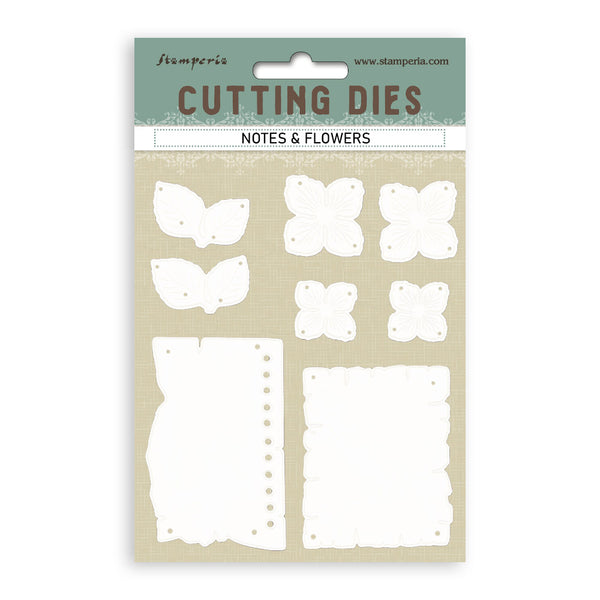 Packaging of Stamperia cutting dies with butterfly and flower shapes on a beige background.
