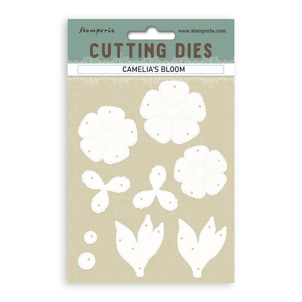 Packaging of Stamperia cutting dies with floral designs on a beige background