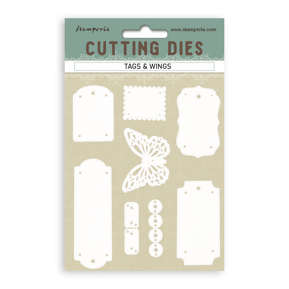 Packaging of Stamperia cutting dies with various shapes on a beige background