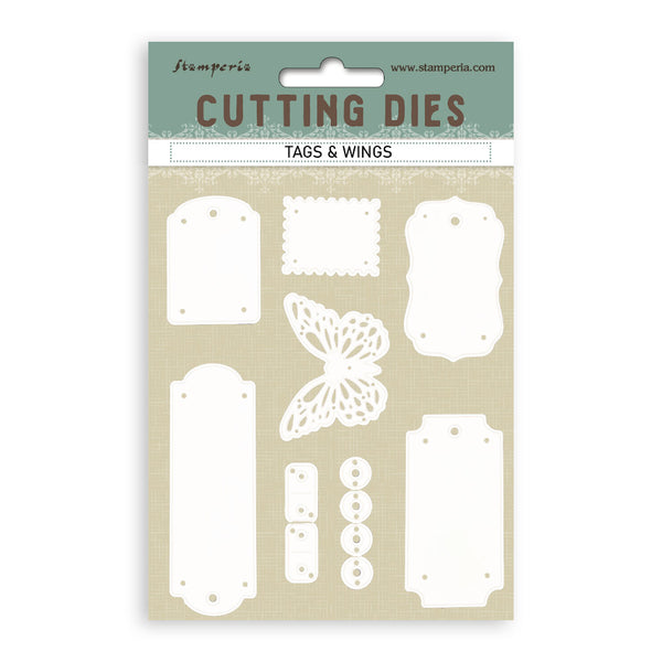 Packaging of Stamperia cutting dies with various shapes on a beige background