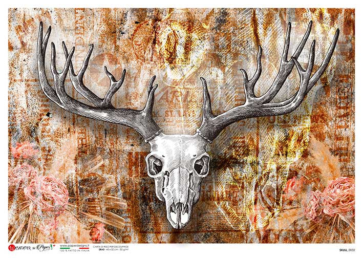A decorative wall art print featuring a large deer skull with antlers mounted against an abstract, textured background in warm brown, beige, and orange tones with faded text and floral elements.