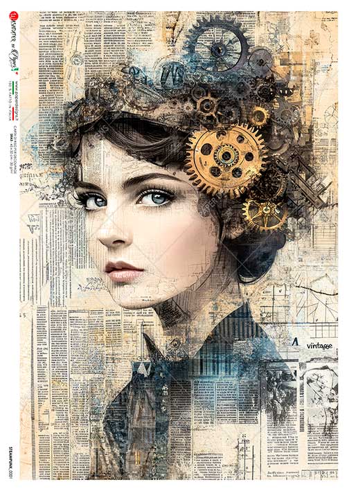 Paper Designs GIRL WITH GEAR HAT A4 Decoupage Rice Paper #STEAMPUNK_0001