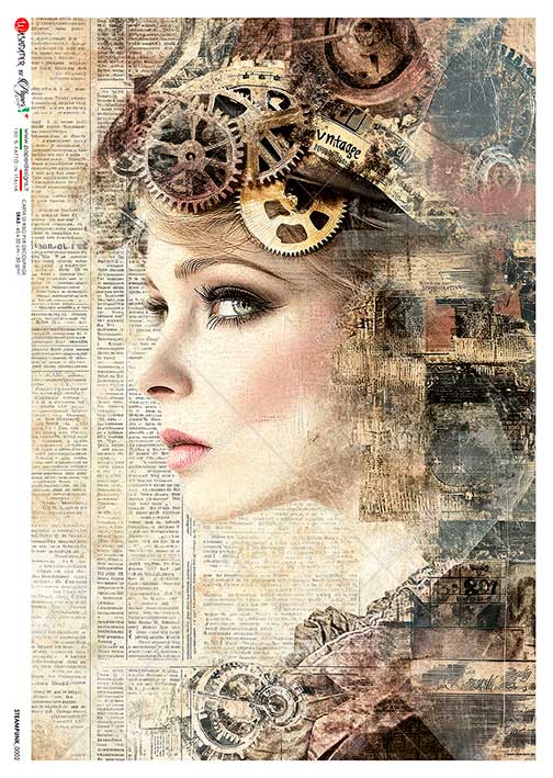 Paper Designs GIRL with GEARS A4 Decoupage Rice Paper #STEAMPUNK_0002