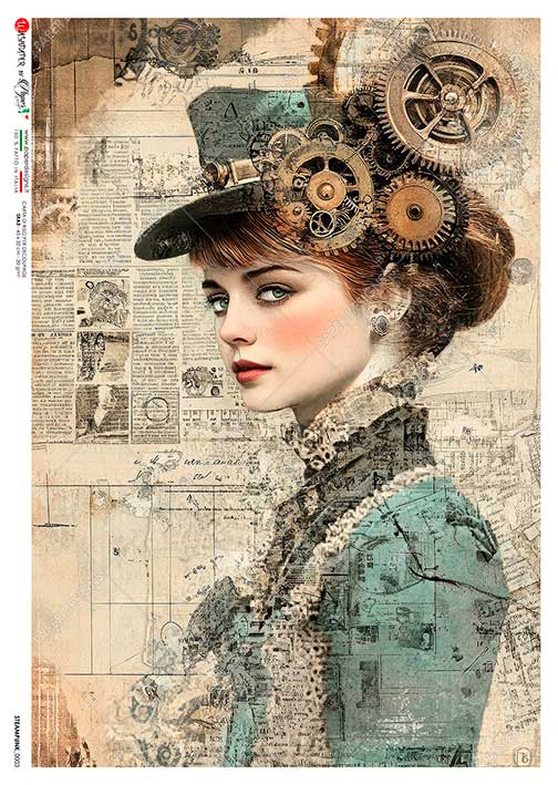 Paper Designs STEAMPUNK GIRL BLUE DRESS A4 Decoupage Rice Paper #STEAMPUNK_0003