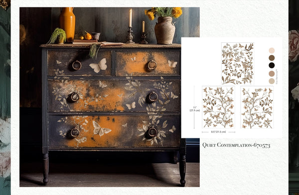 Two vintage-style dressers with floral designs and decorative elements.