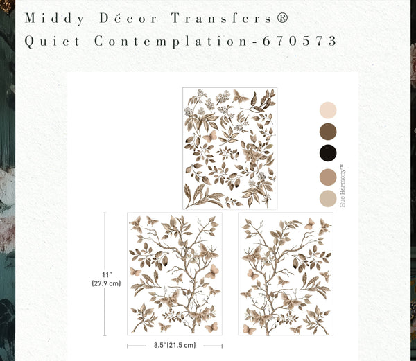 Middy Décor Transfers Quiet Contemplation product sheet with design samples and usage instructions.