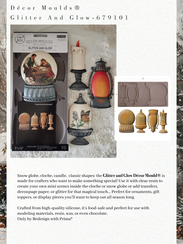 Decor Moulds Glitter And Glow packaging with examples of created items on a textured background.
