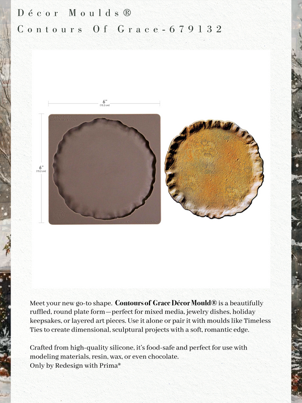 Decor Moulds Contours of Grace product with a round plate form and a textured circular mould on a white background.