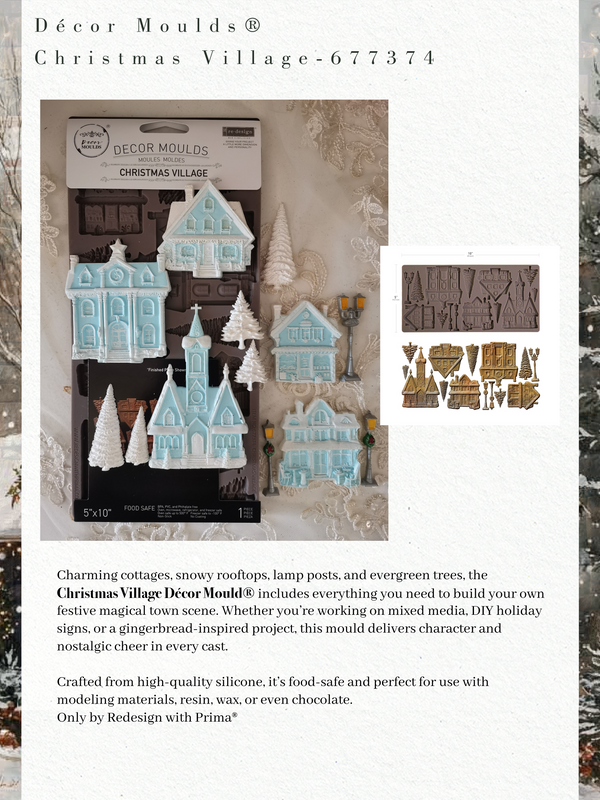 Decor Moulds Christmas Village set with packaging and examples of use.