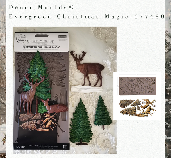 Decor Moulds Evergreen Christmas Magic packaging with decorative elements on a textured background