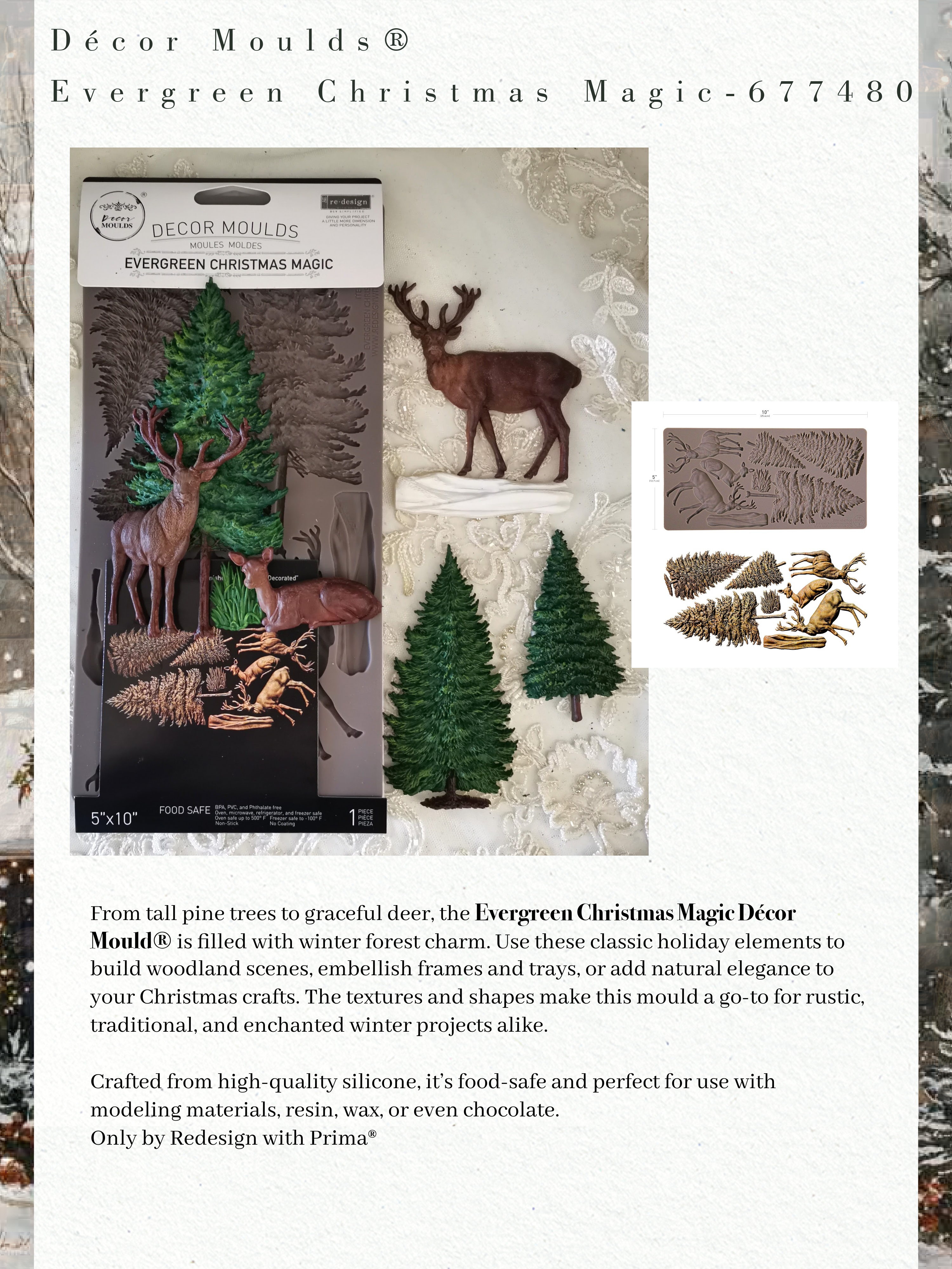 Decor Moulds Evergreen Christmas Magic packaging with decorative elements on a textured background