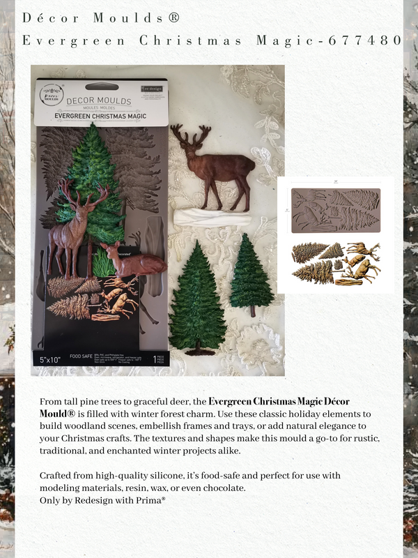 Decor Moulds Evergreen Christmas Magic packaging with decorative elements on a textured background