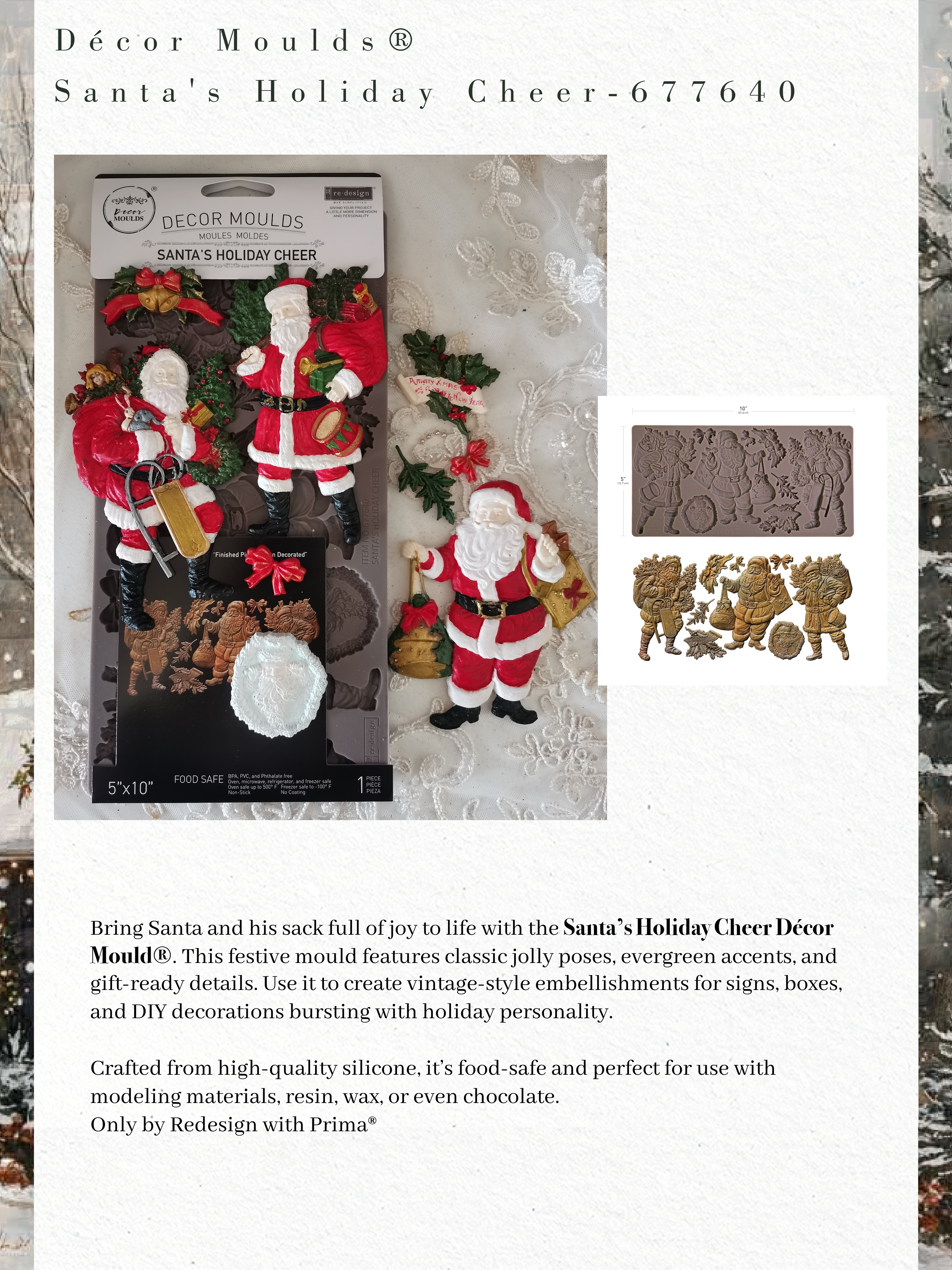Decor Moulds Santa's Holiday Cheer set with packaging and examples of moulded shapes.