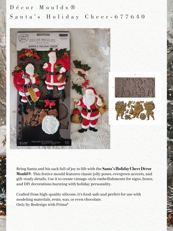 Decor Moulds Santa's Holiday Cheer set with packaging and examples of moulded shapes.