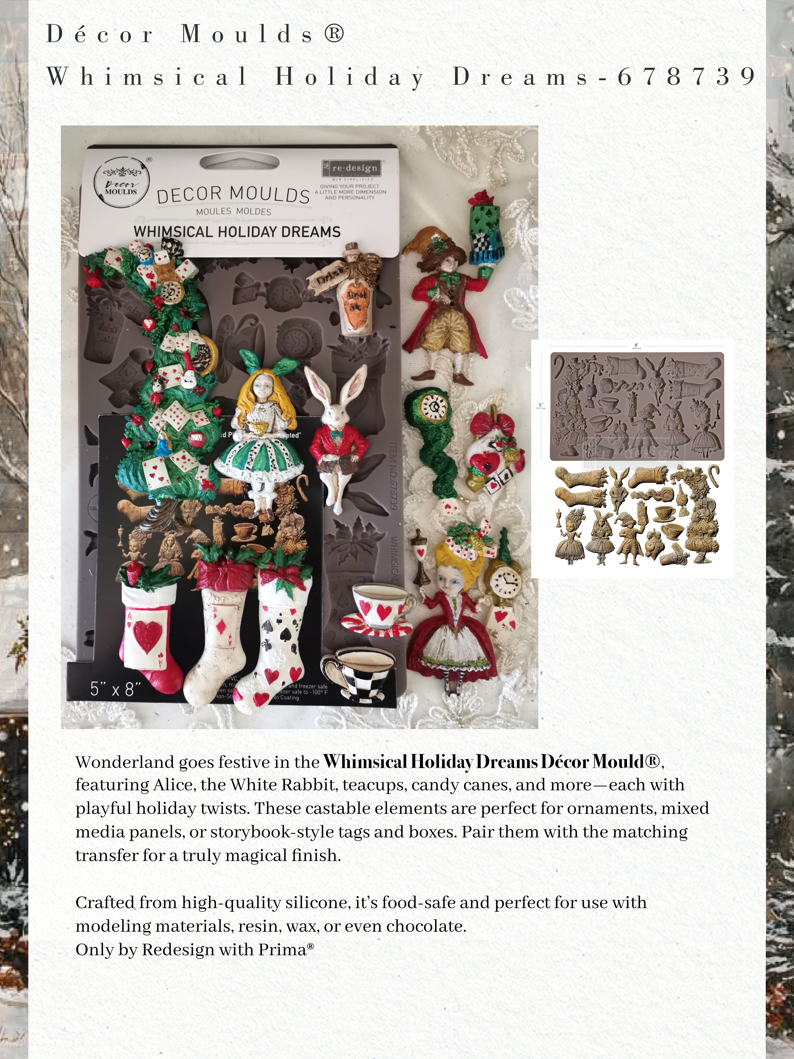 Decor Moulds packaging with Christmas-themed designs and text on a textured background