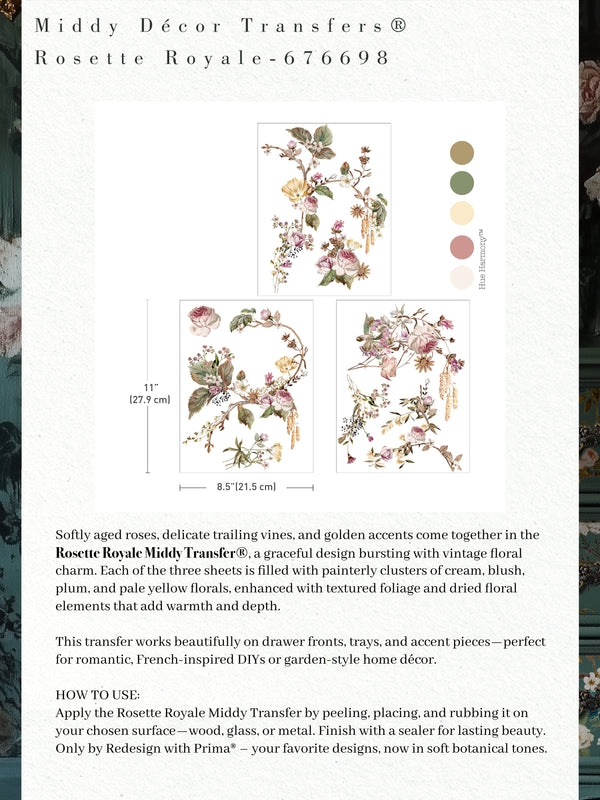 Middy Décor Transfers Rosette Royale with floral designs and color swatches.