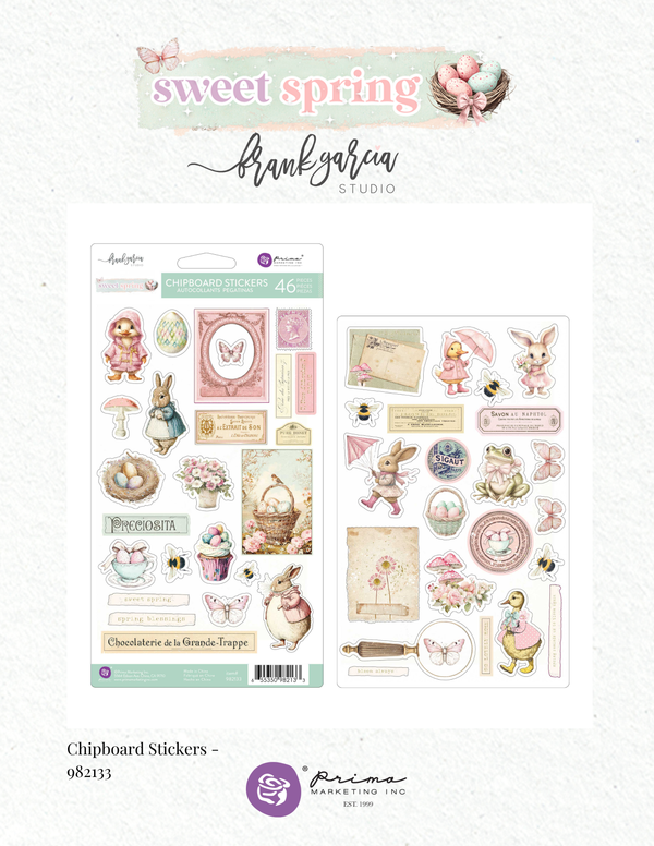 Packaging of Prima Marketing 'sweet spring' chipboard stickers with Easter-themed designs.