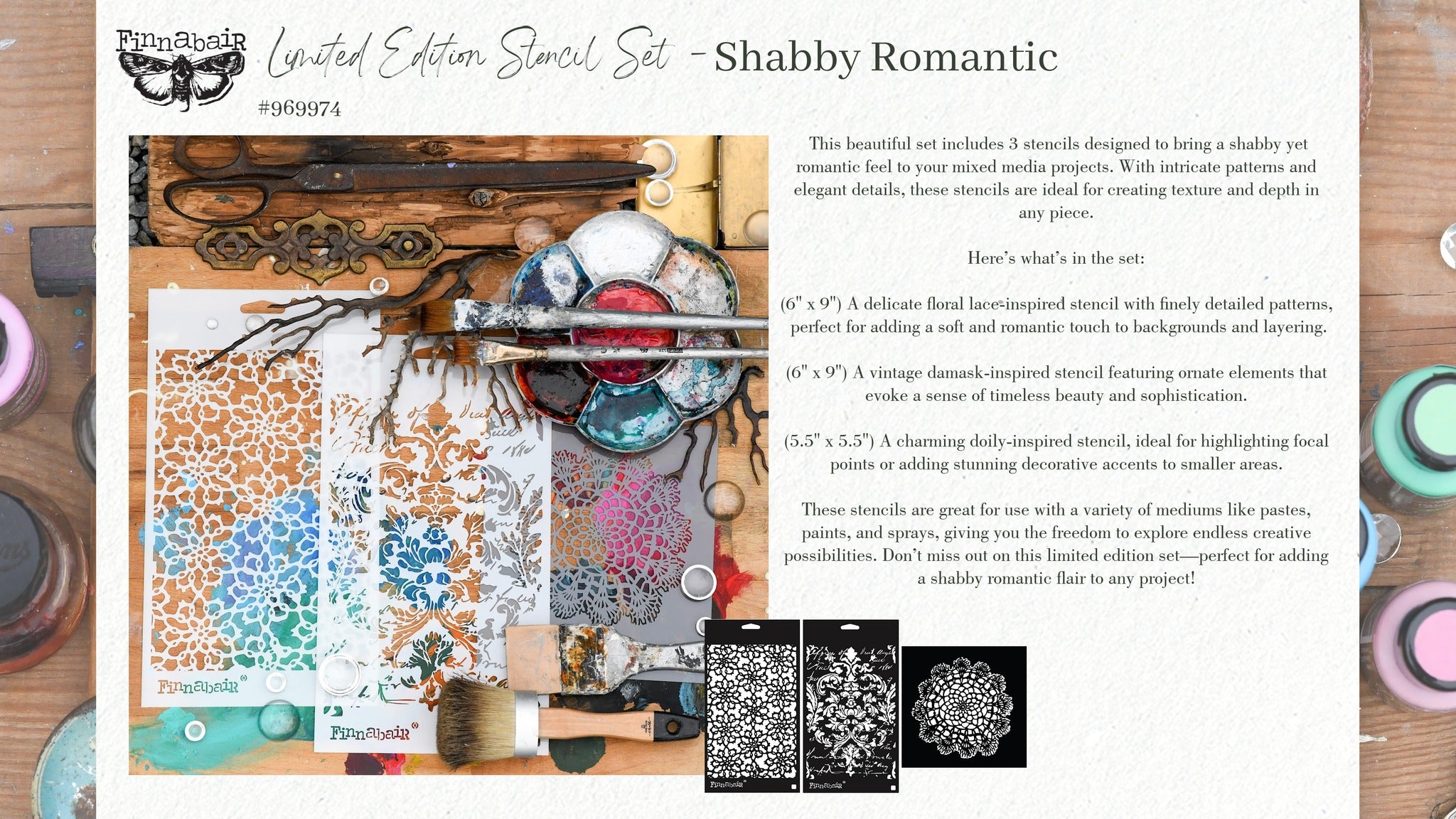 Prima Finnabair Limited Edition SHABBY ROMANTIC STENCIL Set 3 pcs #969974