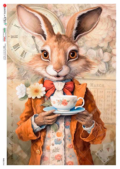 Paper Designs RABBIT with his TEA Alice in Wonderland A4 Decoupage Rice Paper #TALES 0044