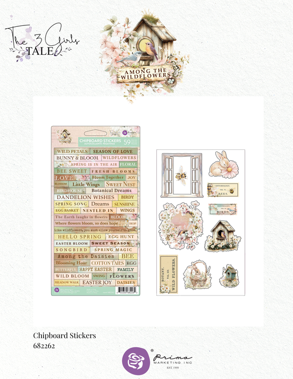 Set of chipboard stickers with decorative elements and text on a white background