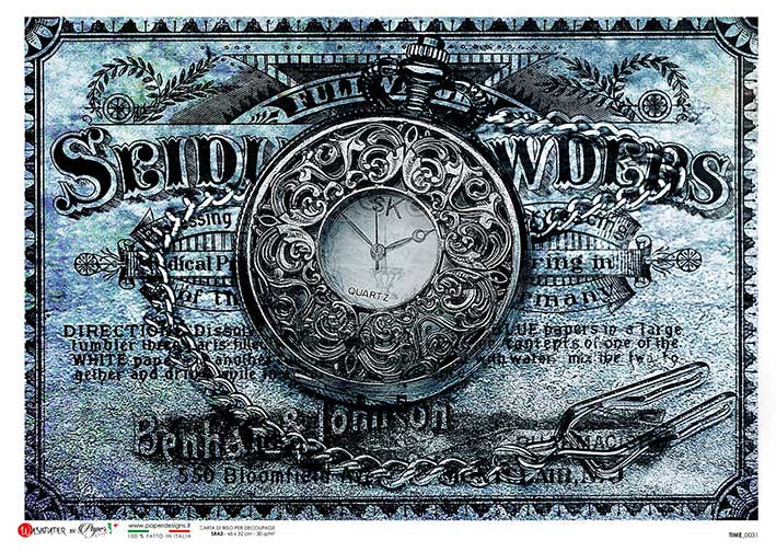 A square decorative print or poster featuring an ornate vintage pocket watch over a distressed blue and silver dollar-bill style background with decorative text and border details.