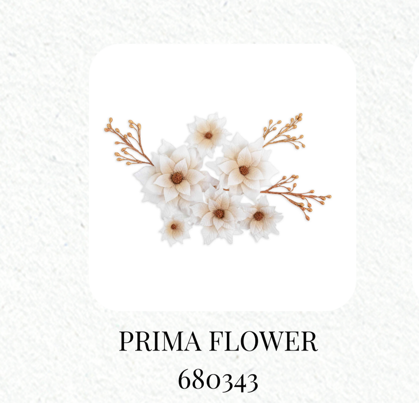 Collection of Prima Flower products with a Christmas-themed illustration on a white background.