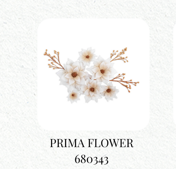 Collection of Prima Flower products with a Christmas-themed illustration on a white background.