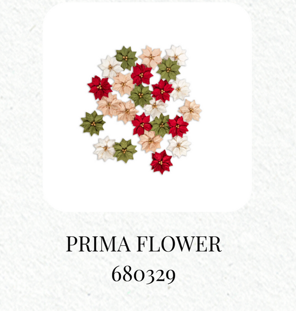 Collection of Prima Flower products with a Christmas-themed illustration on a white background.