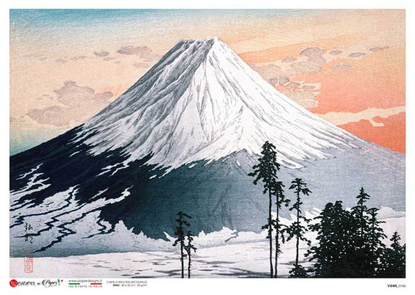 A Japanese-style art print depicting a snow-covered mountain with dark tree silhouettes and a pale sky, shown with a narrow white border and small printed text along the left edge.