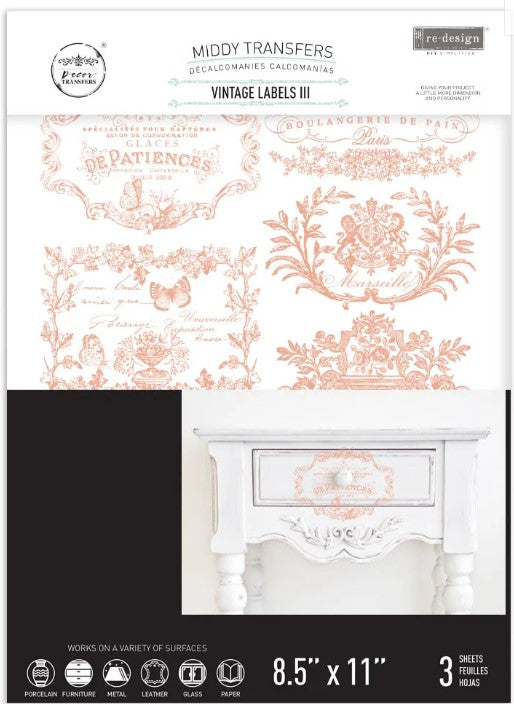 re-design with Prima VINTAGE LABELS III 8.5 x 11 Decor Transfers 3 sheets #662080