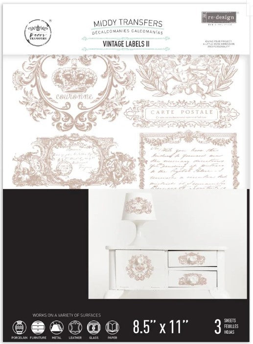 re-design with Prima VINTAGE LABELS II 8.5 x 11 Decor Transfers 3 sheets #662073