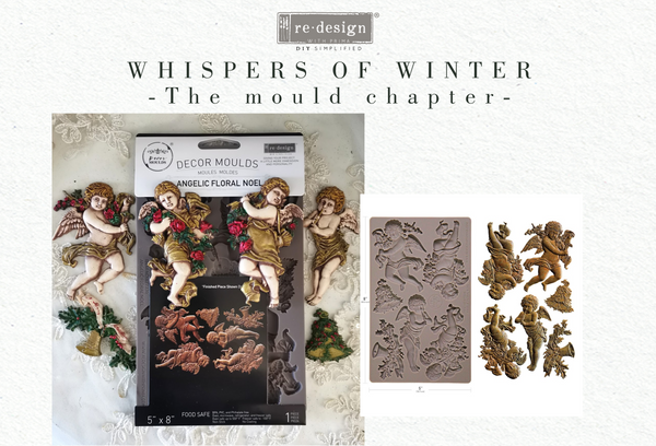 Decorative moulds with 'Whispers of Winter' theme on a white background