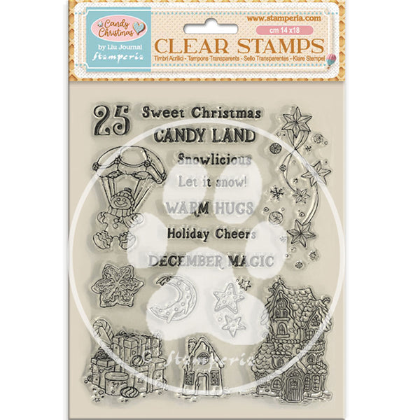 Clear stamps with Christmas-themed designs in Stamperia packaging.