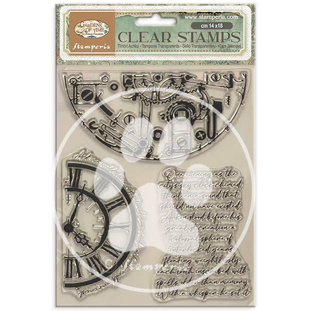 Stamperia GARDENS OF TIME - HALF CLOCKS and WRITINGS Acrylic Stamps 14 x 18 cm #WTK240