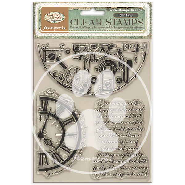 Stamperia GARDENS OF TIME - HALF CLOCKS and WRITINGS Acrylic Stamps 14 x 18 cm #WTK240