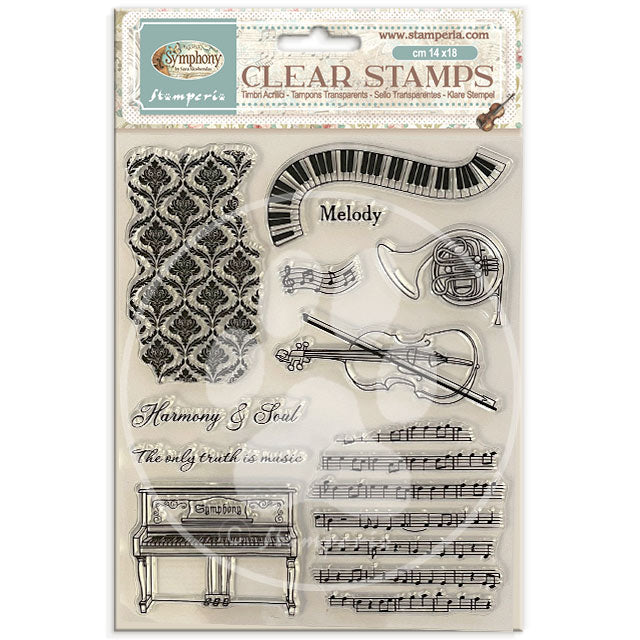 Package of clear stamps with musical-themed designs on a white background