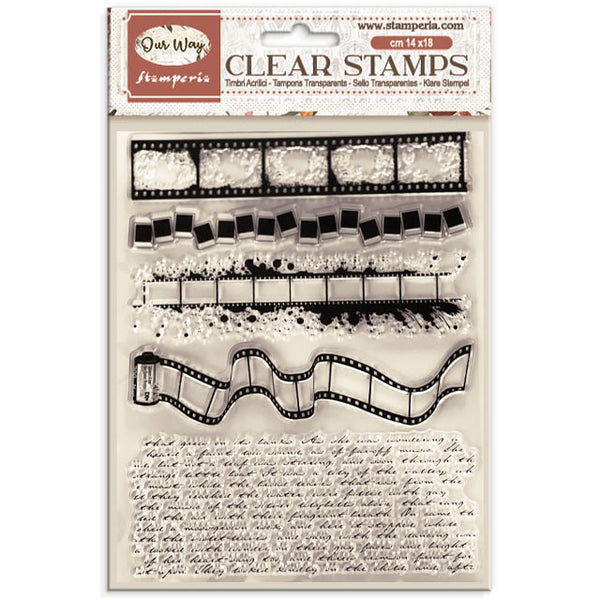 Our Way Stampers Clear Stamps in the 'In Love' collection, featuring various film strip and script text stamp designs on a clear plastic sheet with a decorative header card.