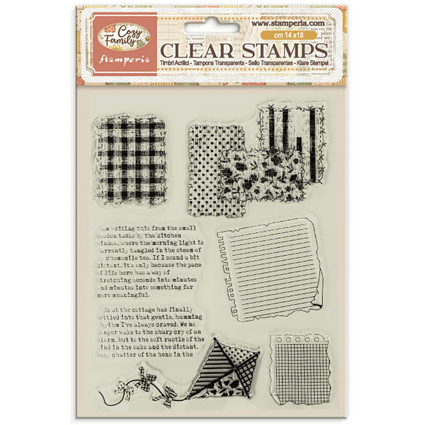 A package of Clear Stamps from the brand Crazy Funny Stamper's, featuring various black ink stamp designs including stripes, polka dots, floral patterns, and text on a clear plastic sheet.