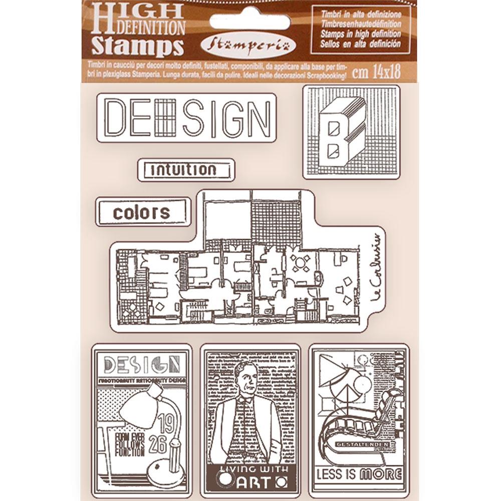 A package of Stamperia high definition stamps, featuring various monochrome design and lifestyle stamp shapes on a beige backing card.
