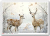 Framed artwork of two deer in a snowy landscape with floral elements.