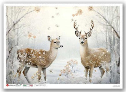 Framed artwork of two deer in a snowy landscape with floral elements.