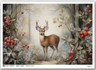 Deer among foliage and berries on a white background