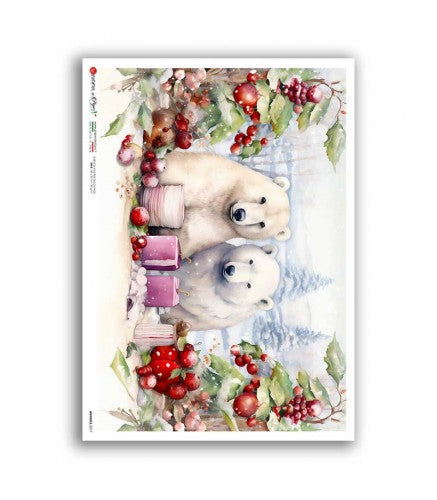 Paper Designs Two FESTIVE POLAR Bears A4 Decoupage Rice Paper #ANIMALS 0217